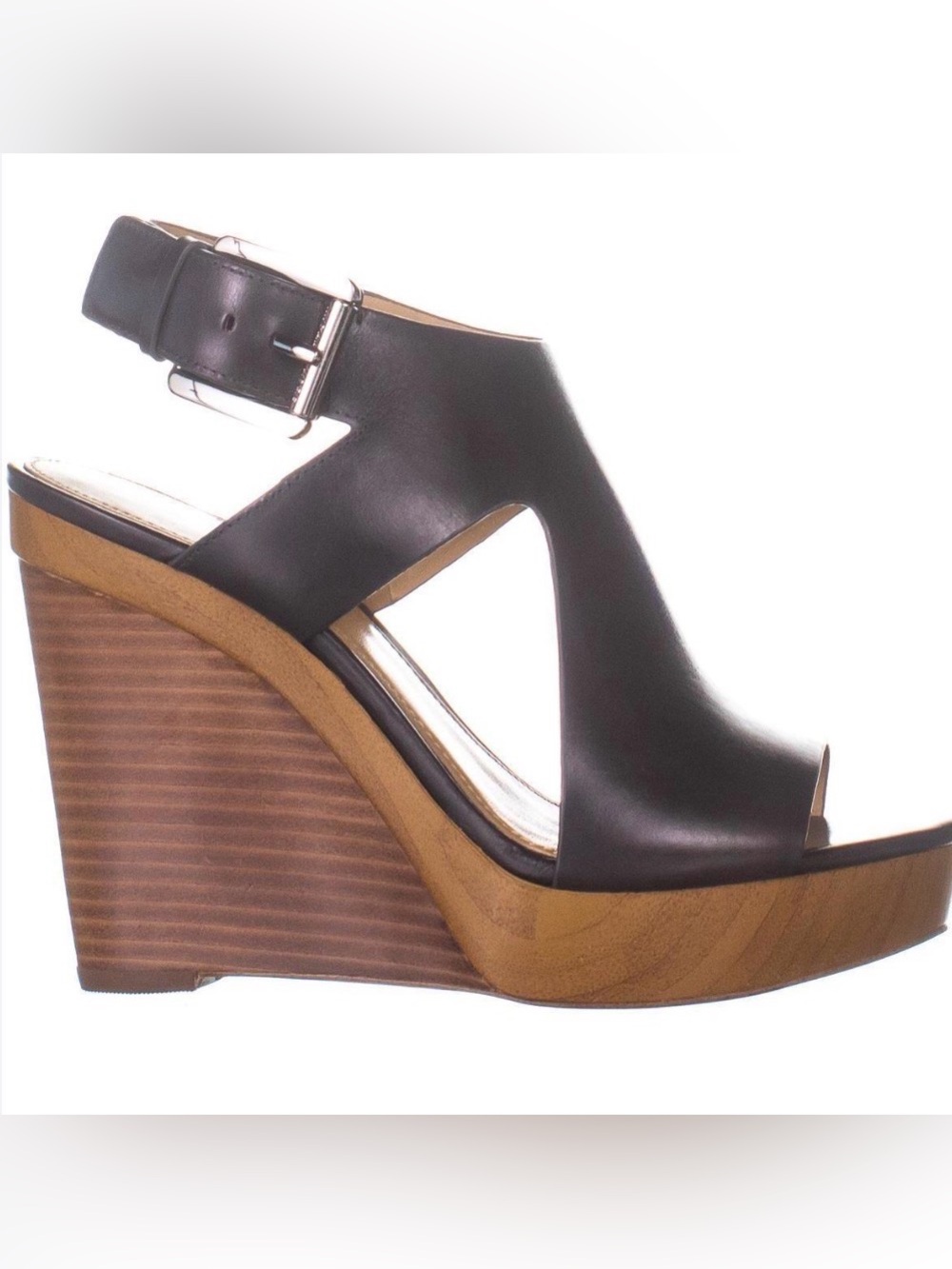 Michael Kors Josephine Black Leather Wedge Sandal with Wood Platform size 9